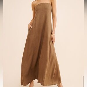 A-line Linen Strapless Brown Maxi Dress